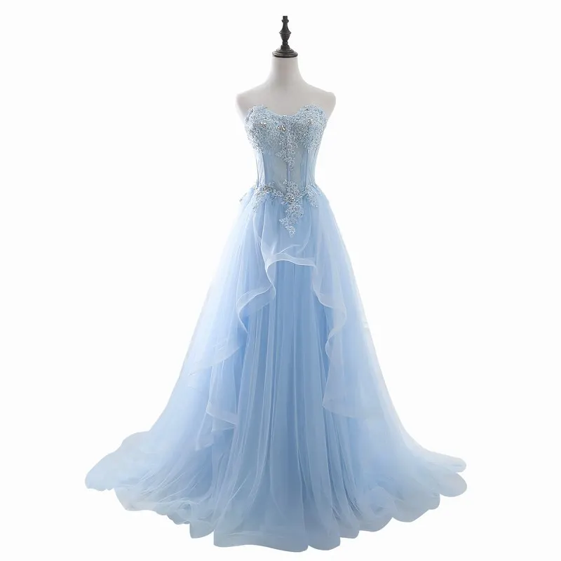 Long Light Blue Fitted Party Dress