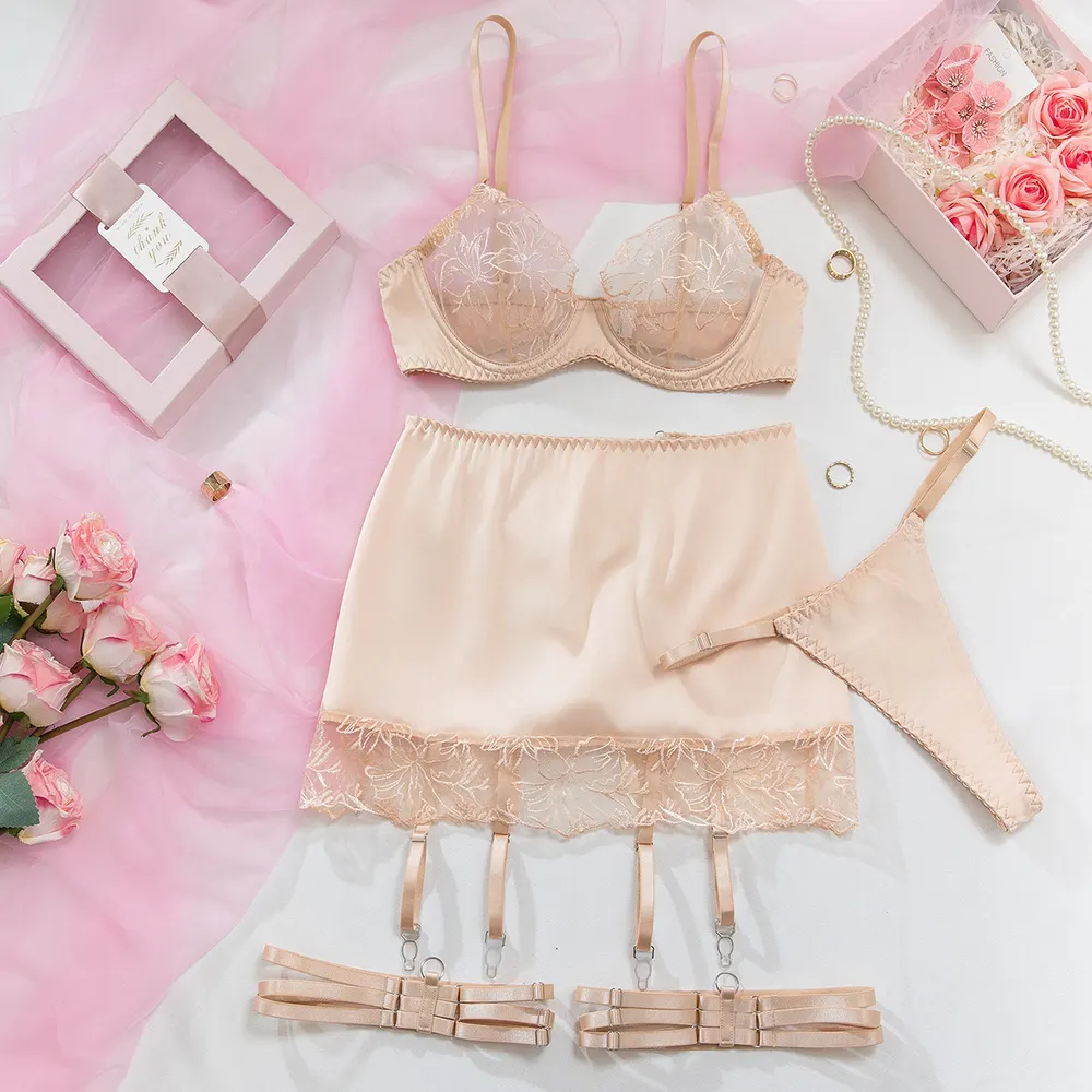 Champagne Satin Embroidered Bra Set