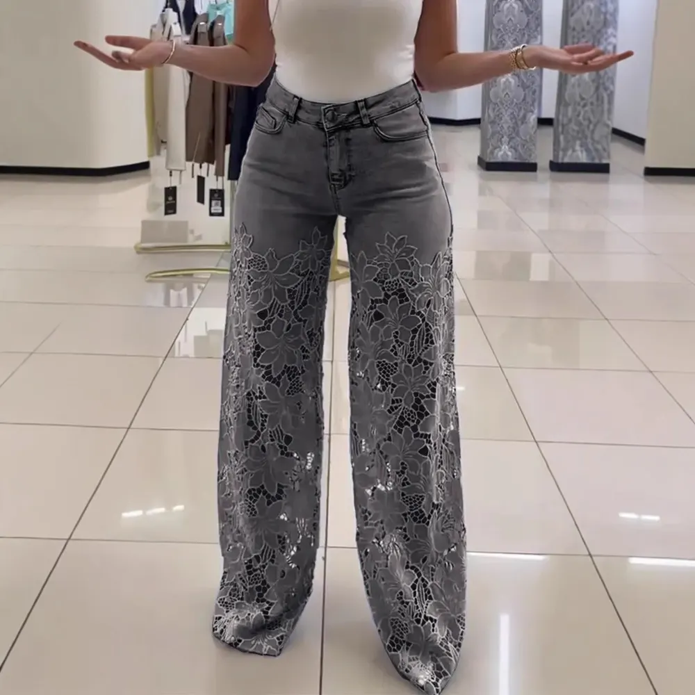 High Waist Wide Leg Jeans with Lace Floral Detail
