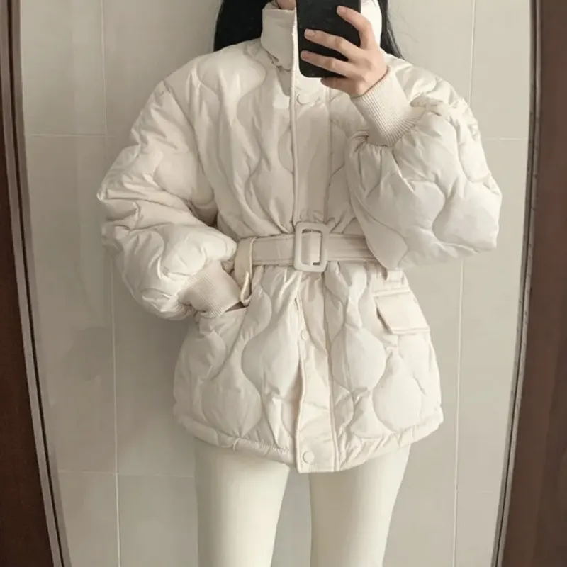 Stand-Collar Tie Longline Padded Coat