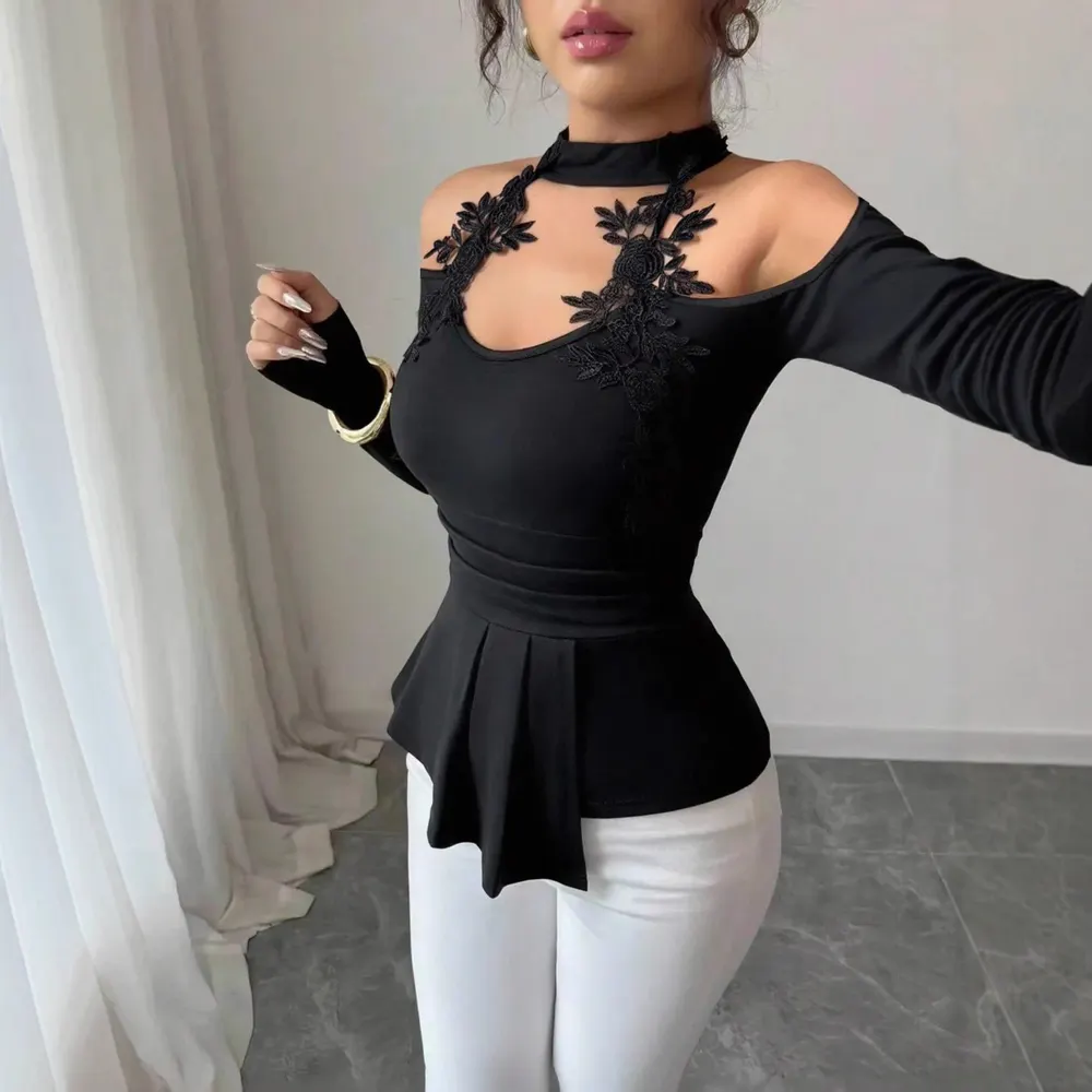 Open-Shoulder Pleated Hem Slim Top