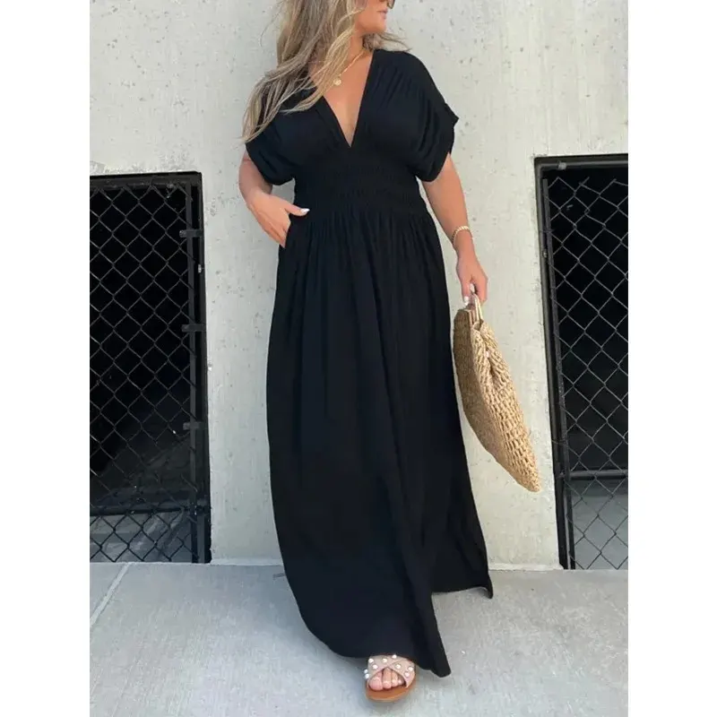 Bat-Sleeve V-Neck Slit Maxi Dress