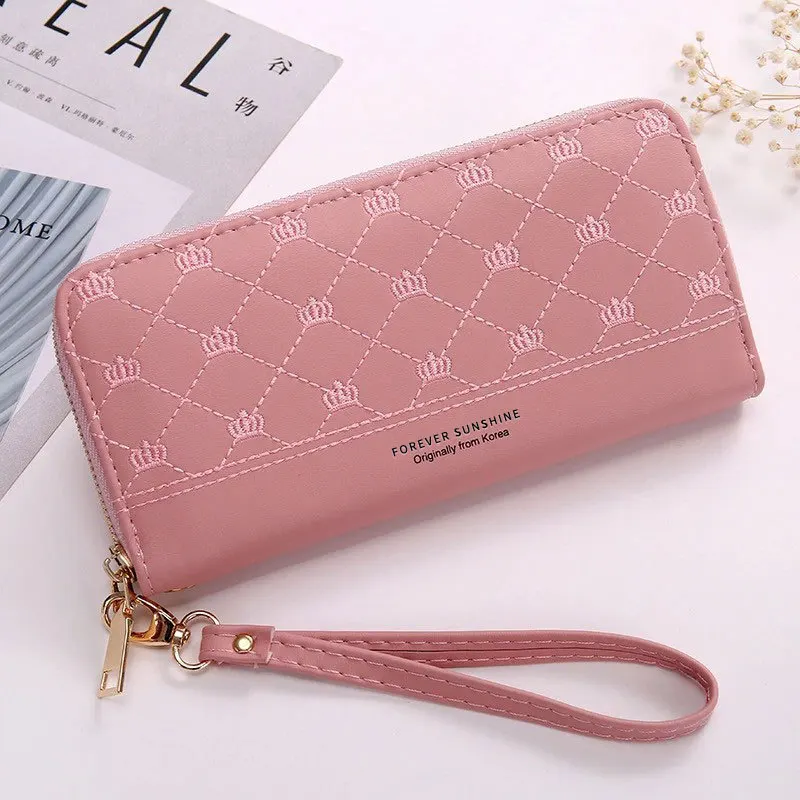 Embroidered Crown Zip Clutch Wallet