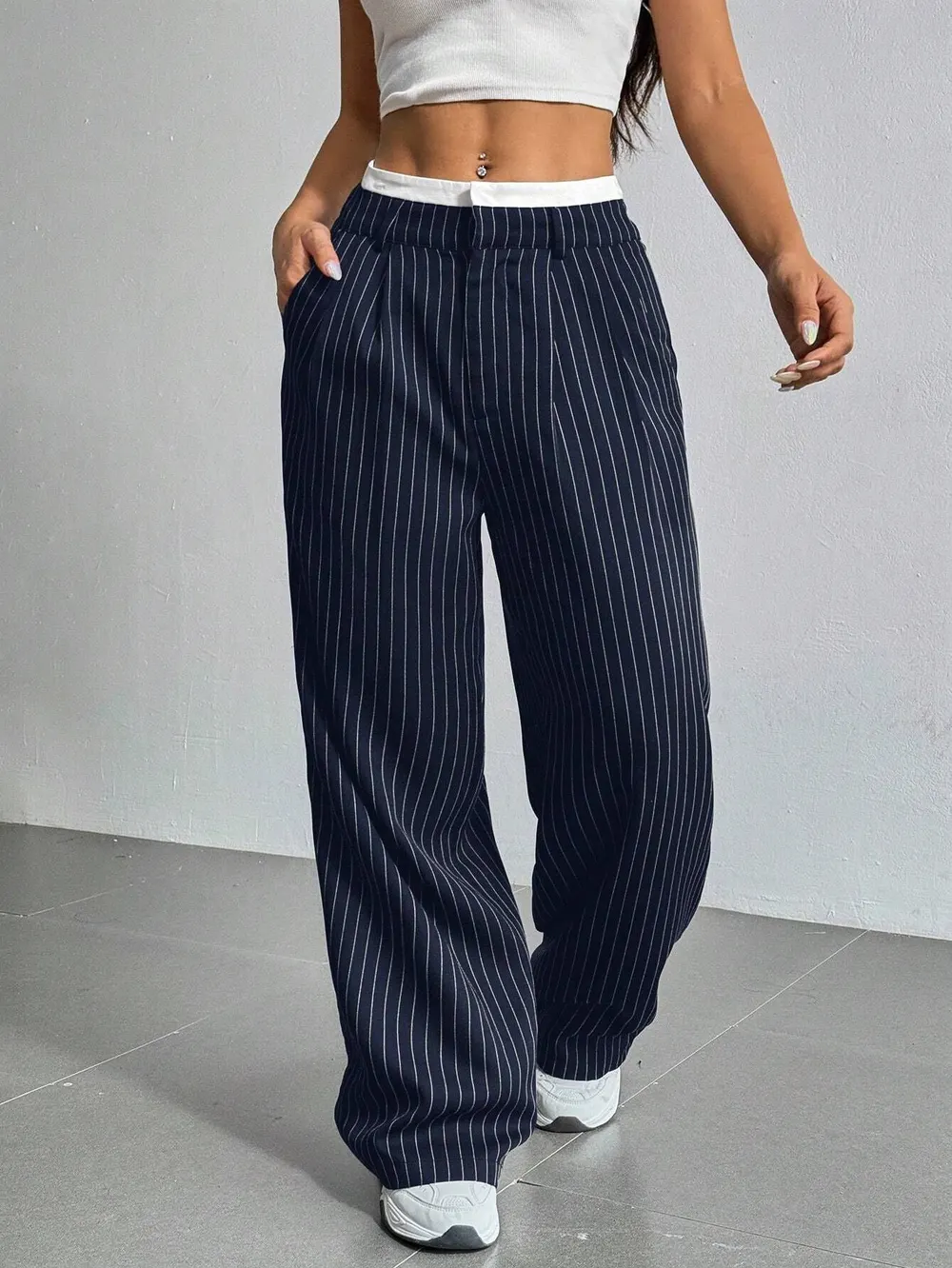 High-Waist Striped Straight-Leg Trousers