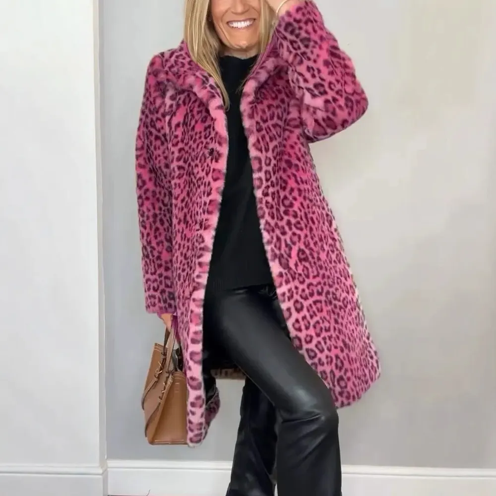 Leopard Print Plush Mid-Length Coat