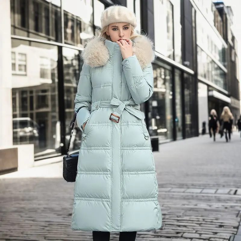 Belted Long Coat with Fur Hood