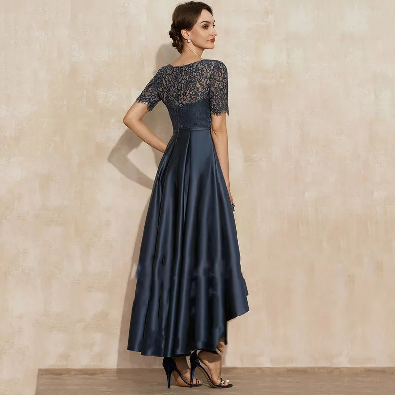 Navy Satin Lace Short Sleeve Ball Dress