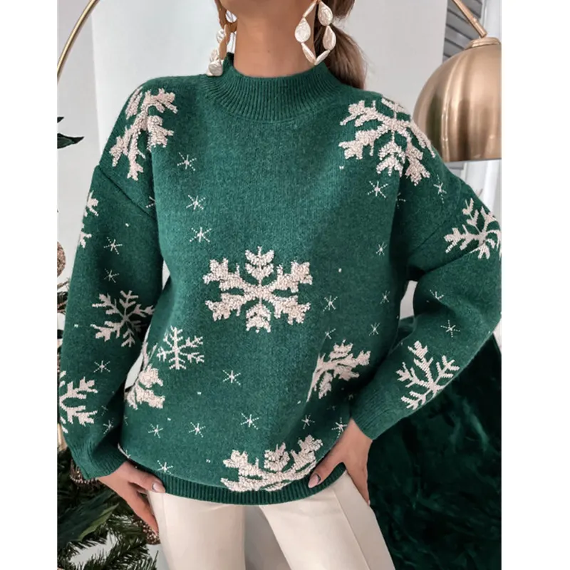 Snowflake Print Fluffy Knit Sweater