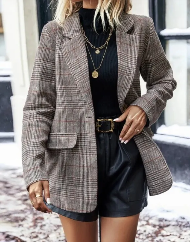 Plaid Longline Single-Button Blazer