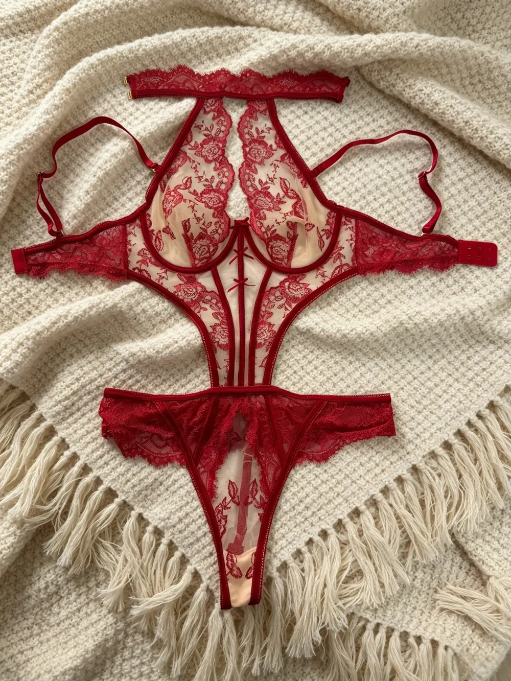 Sheer Embroidered Halter Bodysuit