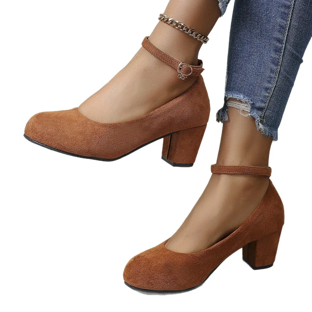 Suede Round-Toe Chunky Heel Pump
