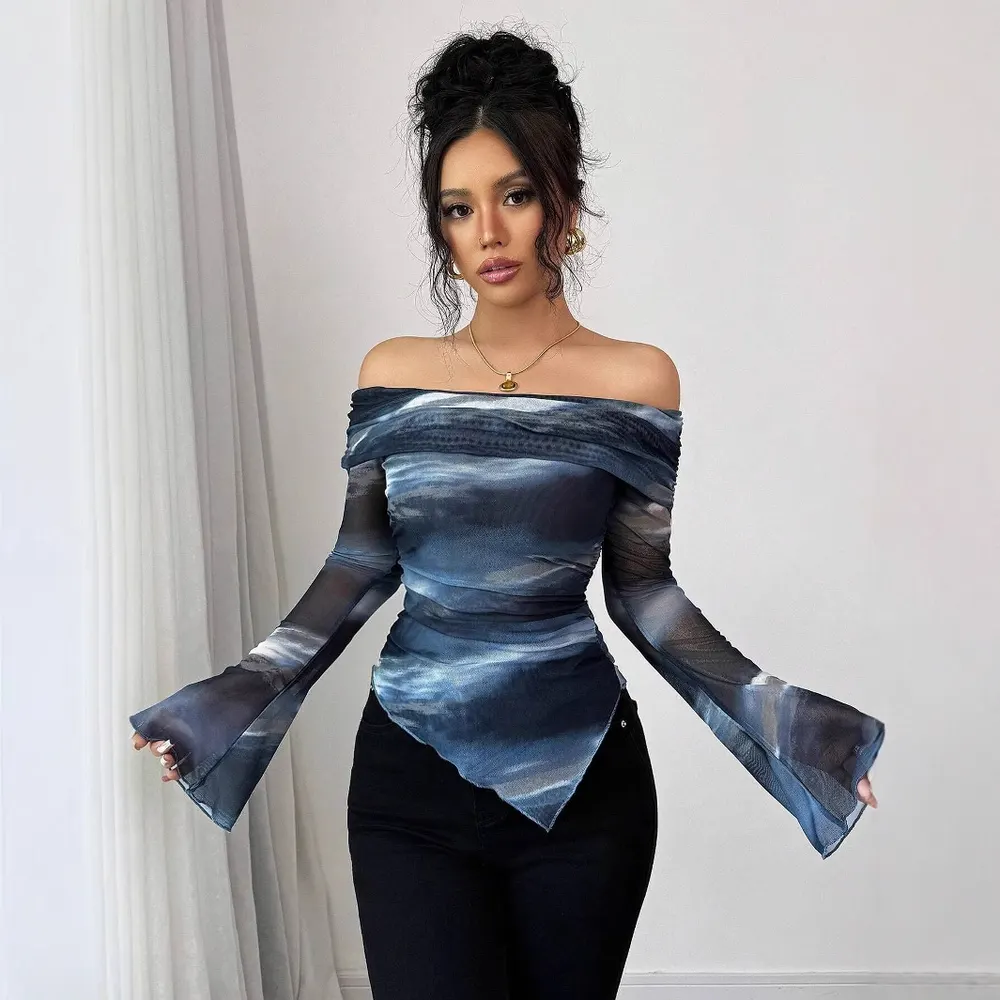 Sea Blue Geometric Mesh Off-Shoulder Top