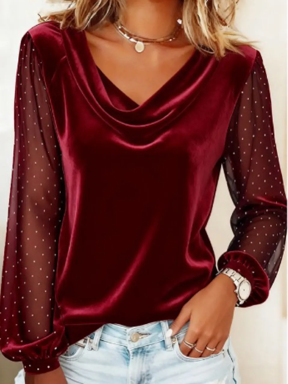 Velvet V-Neck Top with Rhinestone Mesh Sleeves
