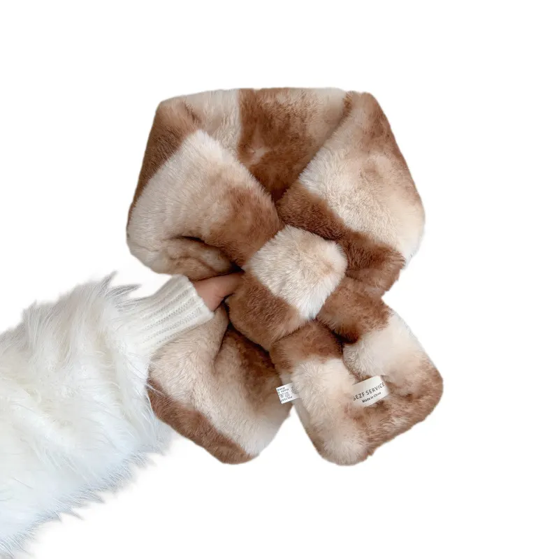 Faux Rabbit Fur Plaid Cross-Knot Scarf