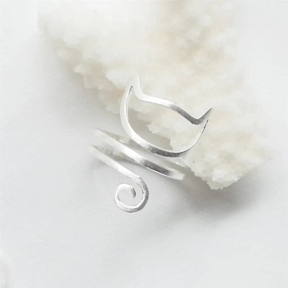 Adjustable Brushed Cat Silver Ring