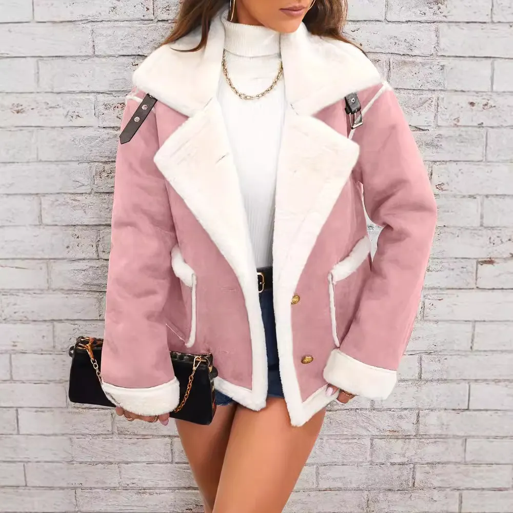 Leather-Trim Polo Collar Plush Jacket