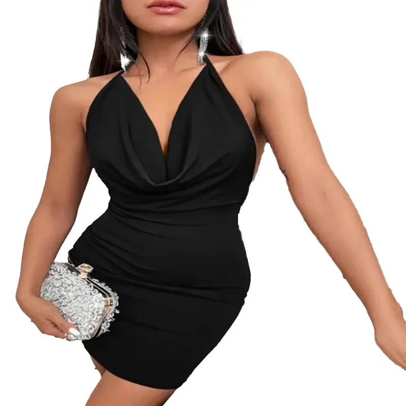 Deep V Backless Halter Midi Dress