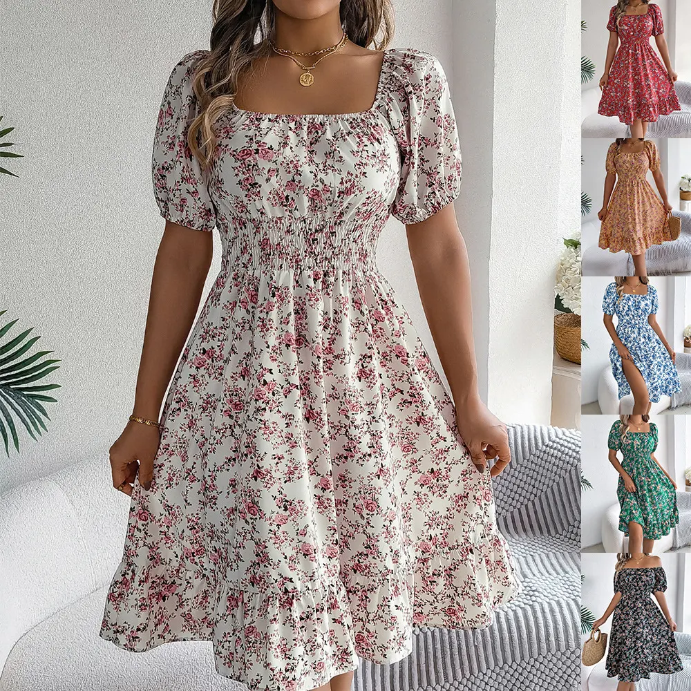 Floral Print Square Neck Ruffle Dress
