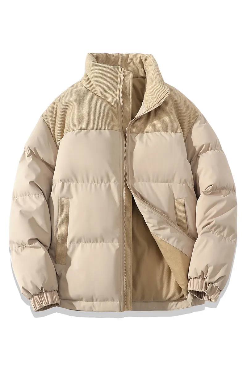 Corduroy Padded Coat with Contrast Stand Collar