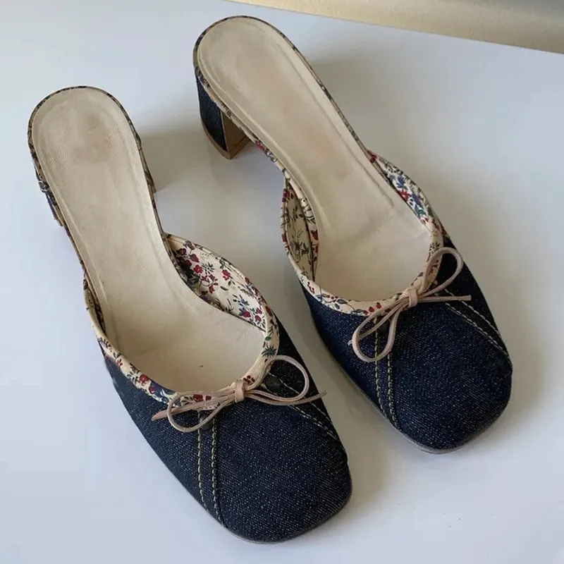 Blue Denim Bow Chunky Heel
