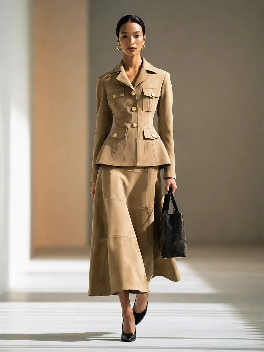 Lapel Collar Cropped Jacket and Midi Dress Set
