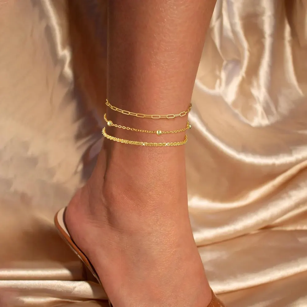 Geometric Alloy Ankle Chain, 3-Piece Set