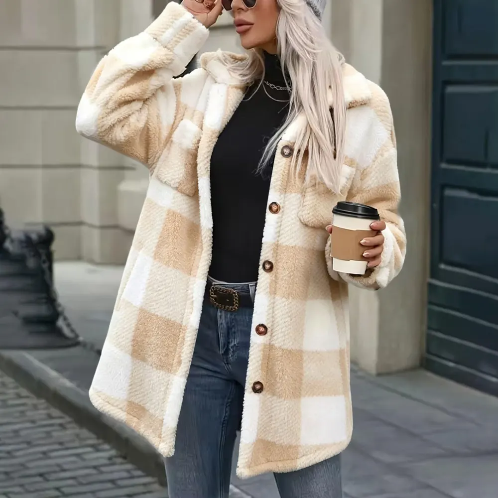 Plaid Plush Mid-Length Cardigan Coat