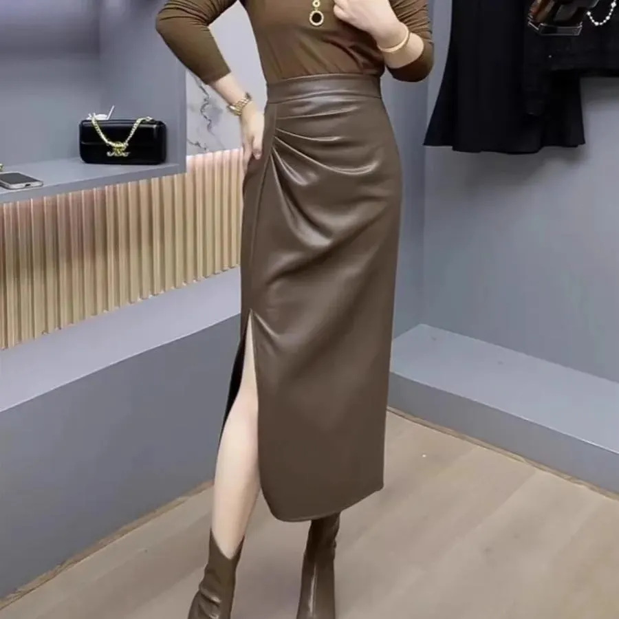 High Waist Pleated Faux Leather Skirt