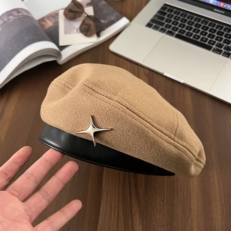 Octagonal Wool Beret with Star Embroidery