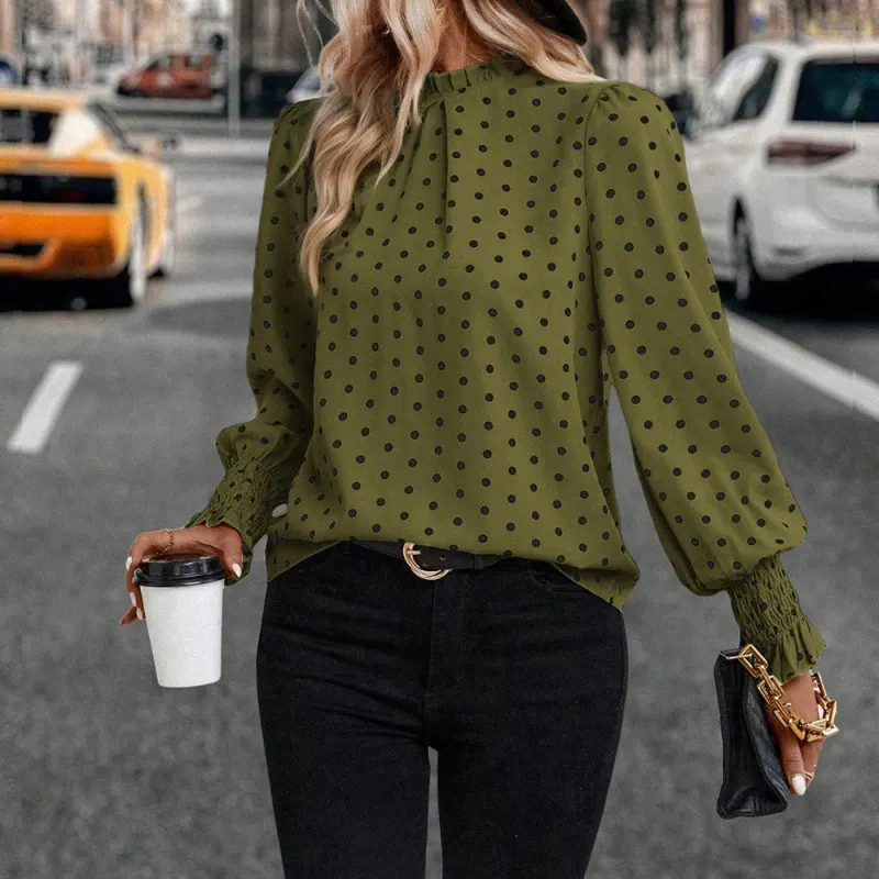 Polka Dot Blouse with Ruffled Stand Collar