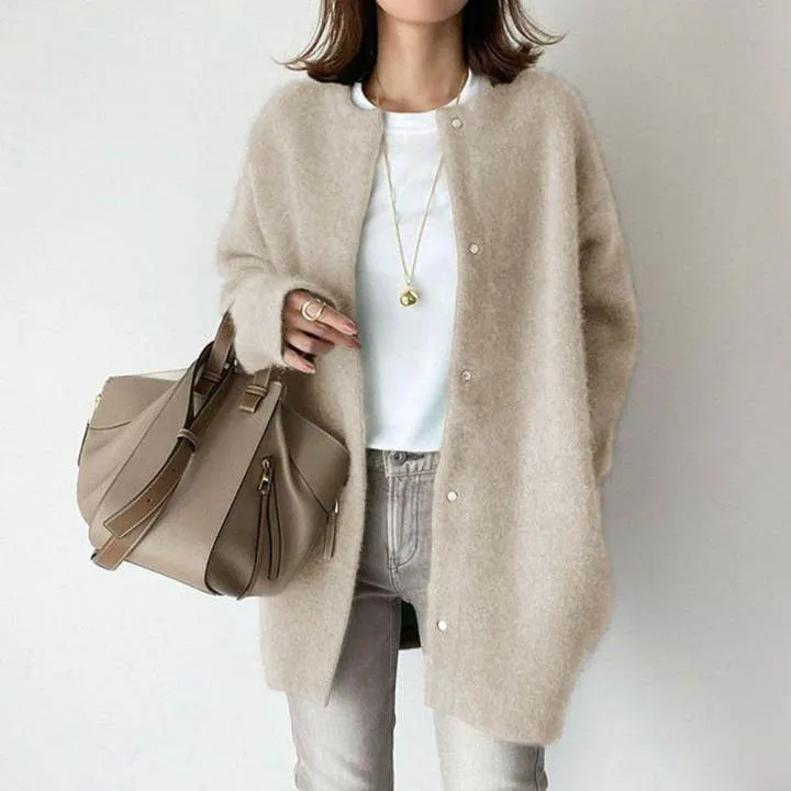 Loose Round-Neck Cotton Knit Cardigan