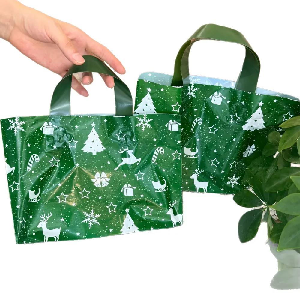 Festive Print Plastic Gift Bags, Set of 50