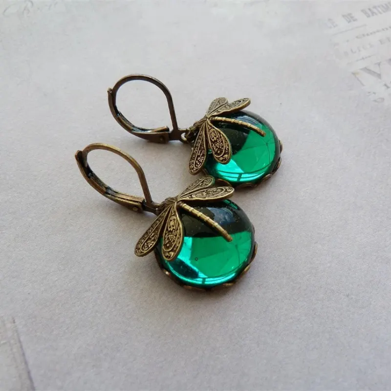 Vintage Dragonfly Stone Drop Earrings