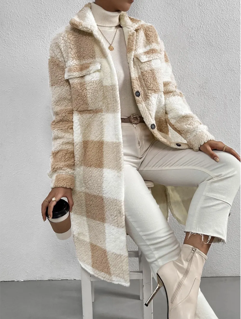 Plush Plaid Button-Front Long Coat