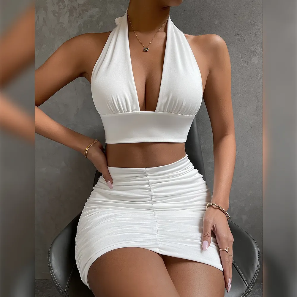 Halter Lace-Up Top and Pleated Skirt Set