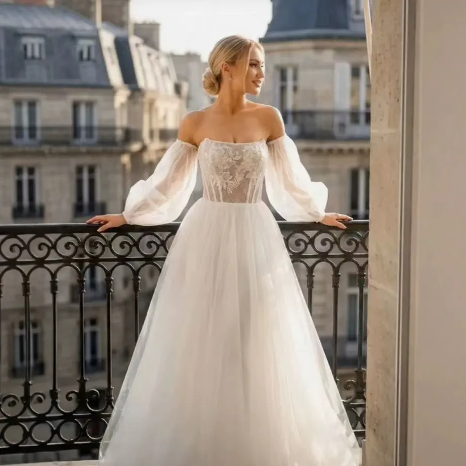 Off-Shoulder Puff-Sleeve Lace-Waist Gown