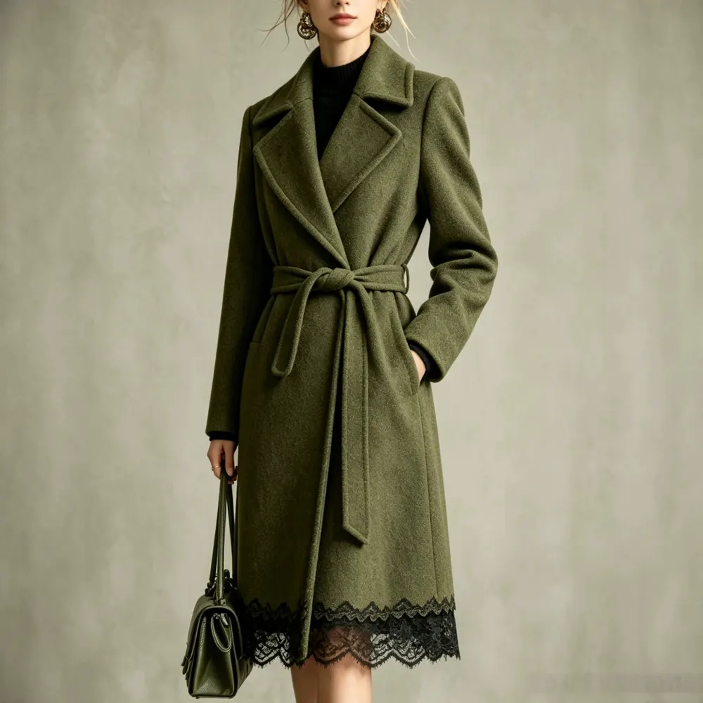 Suit Collar Lace-Up Waist Mid-Length Coat