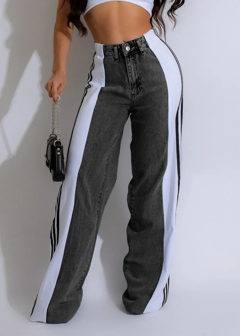 Stripe Panel High Waist Straight Leg Jeans