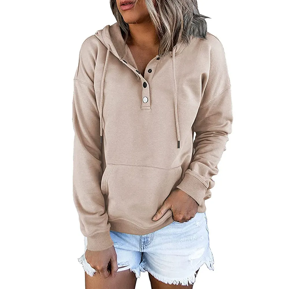 Button-Drawstring Hooded Sweatshirt