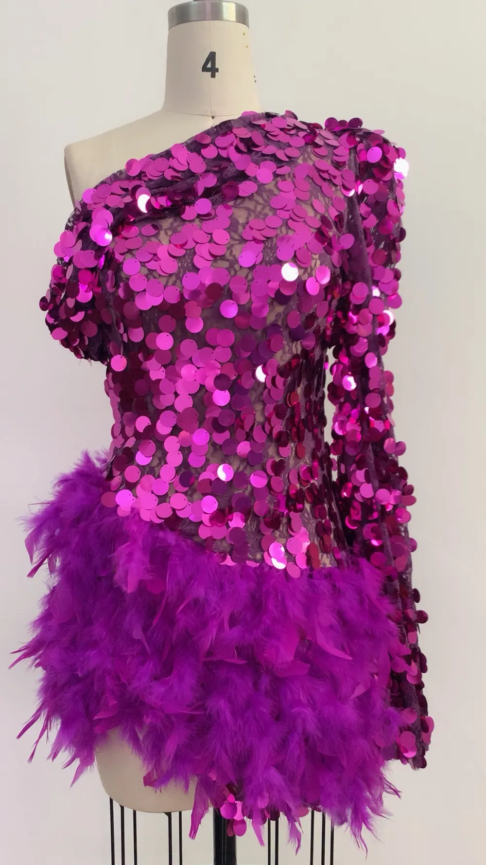 Purple Sequin One-Shoulder Mini Dress with Feather Trim