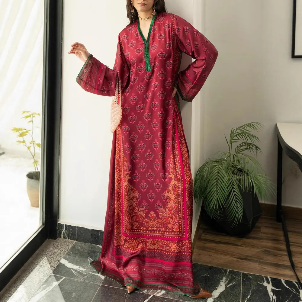 Red Digital Print Long Sleeve Robe