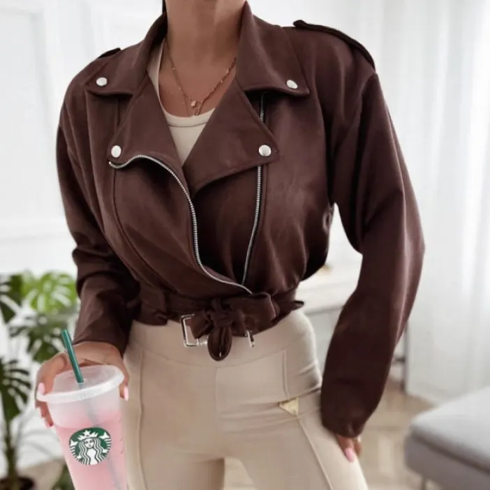 Suede Lapel Zip-Front Jacket