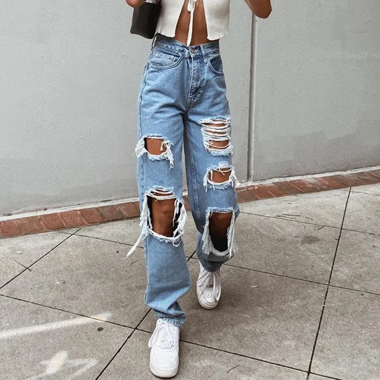 Distressed Wide-Leg Straight Jeans