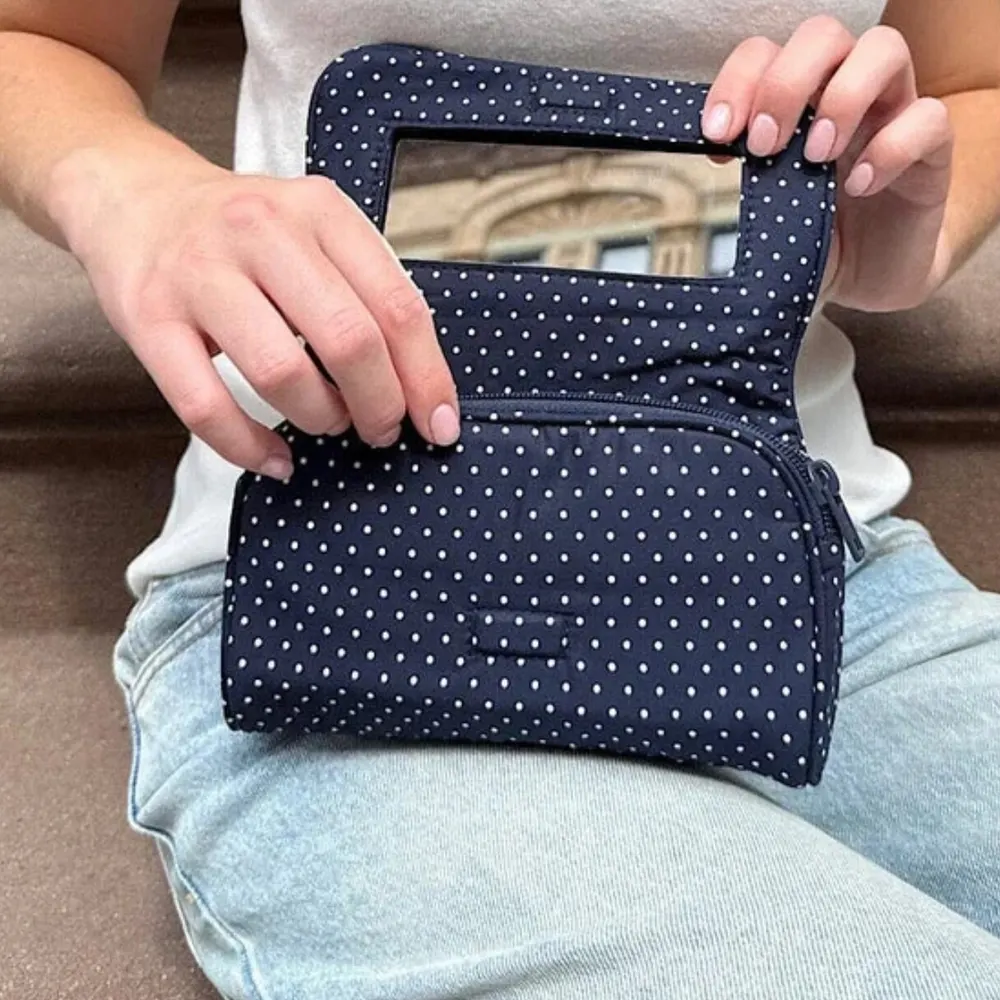 Striped Mesh Cosmetic Pouch with Mirror