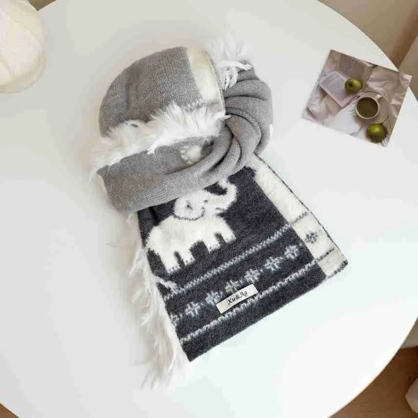 Knit Scarf with Elephant Jacquard and Faux Fur Fringe