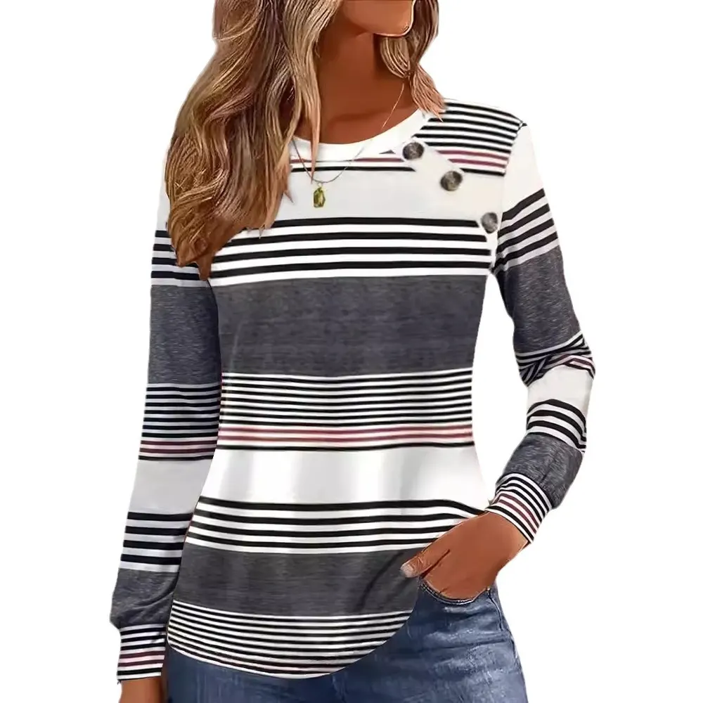 Striped Button-Front Long Sleeve Top