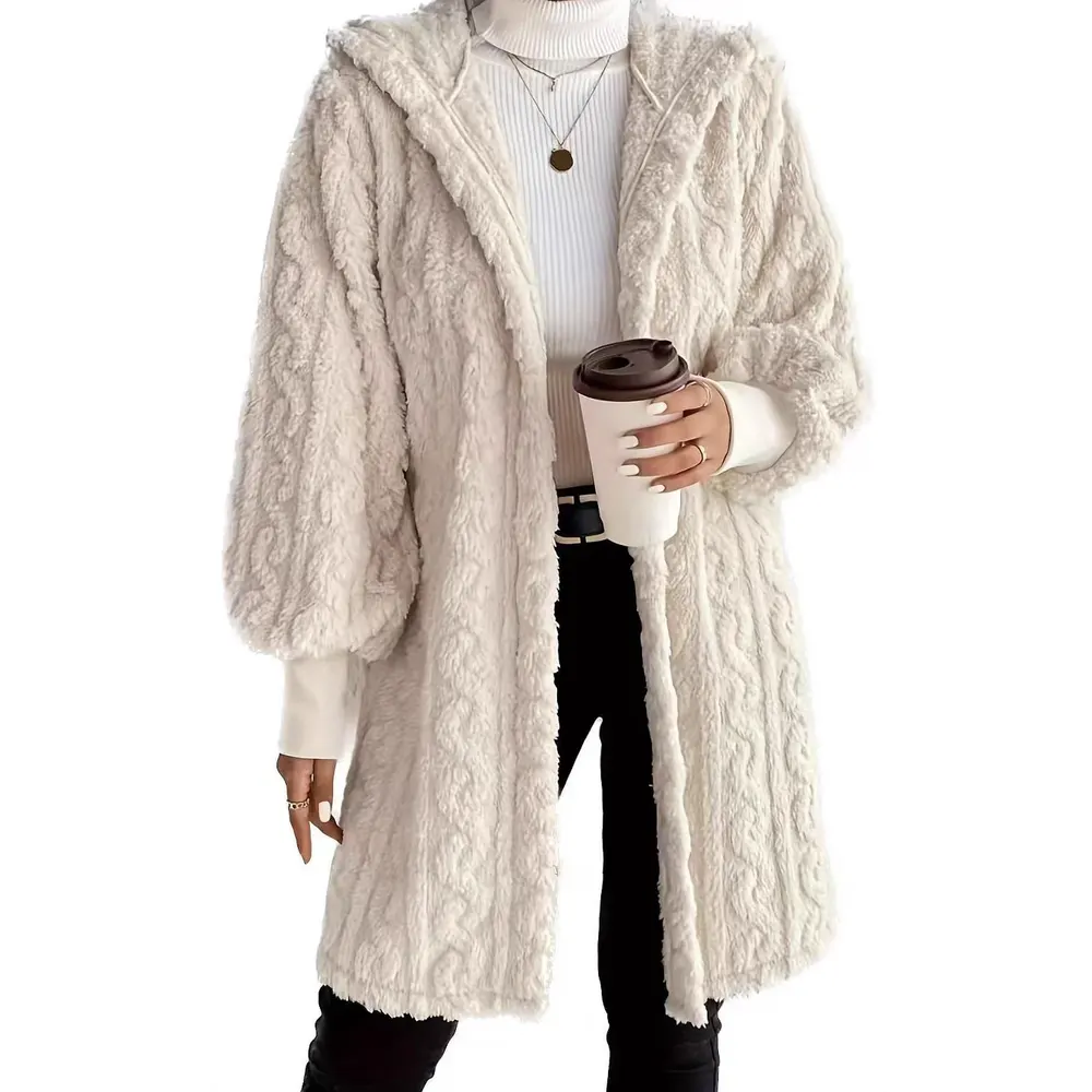 Hooded Plush Cuff Longline Coat