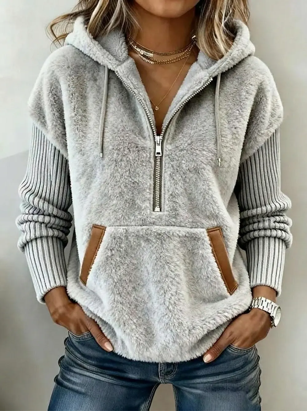 Plush Patchwork Hooded Sweatshirt