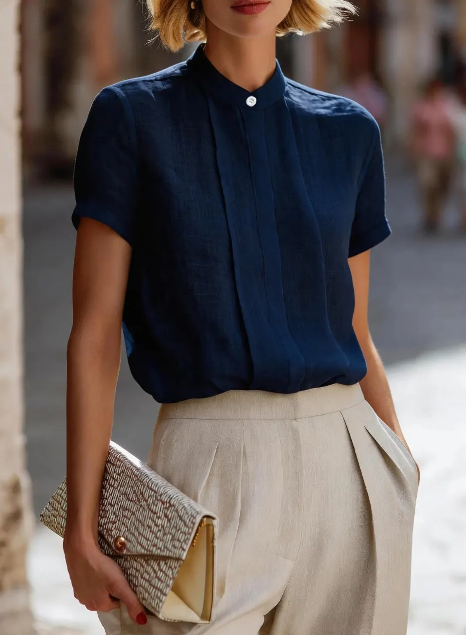 French Stand Collar Short Sleeve Shirt