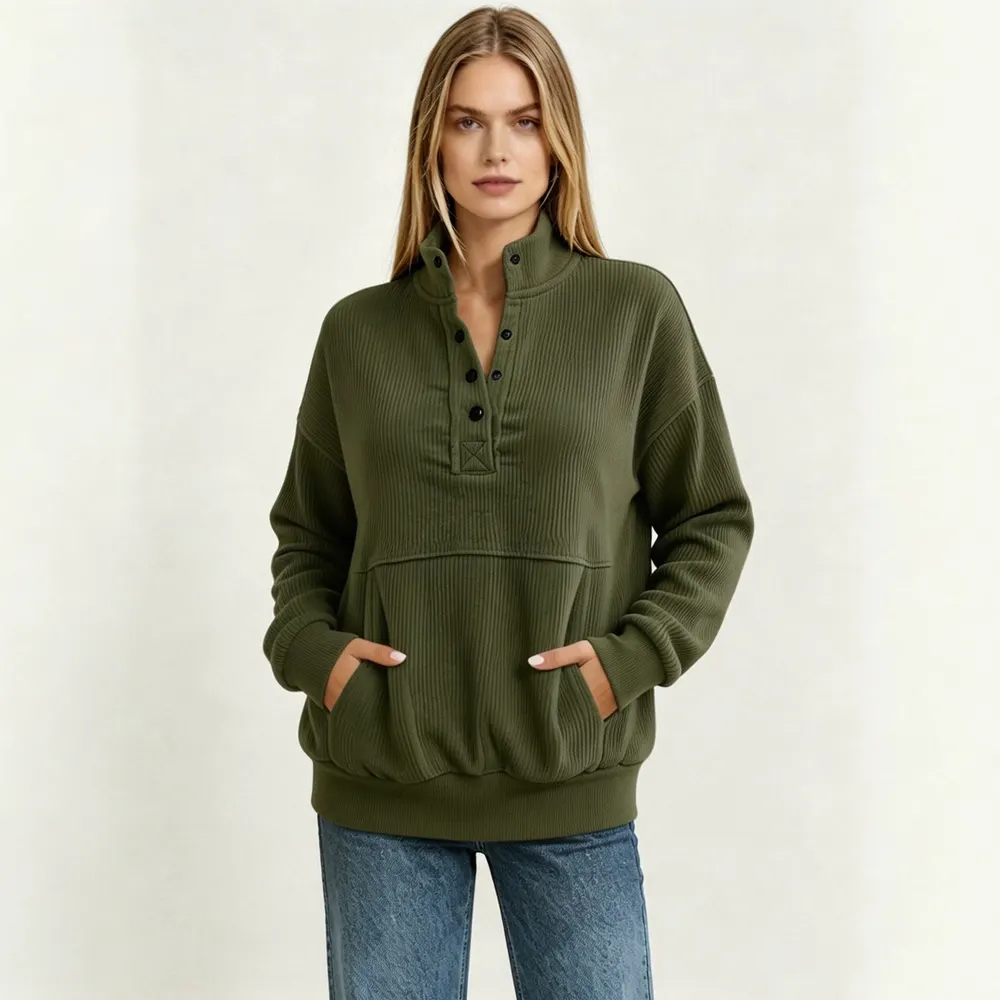 Button-Front Solid Color Sweatshirt